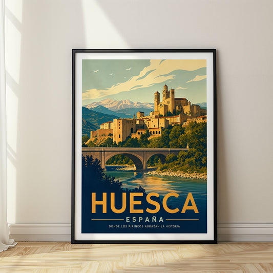Huesca retro travel poster in a black frame