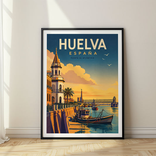 Huelva retro travel poster in a black frame
