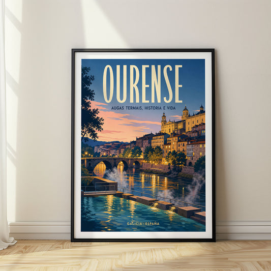 Ourense retro travel poster in a black frame