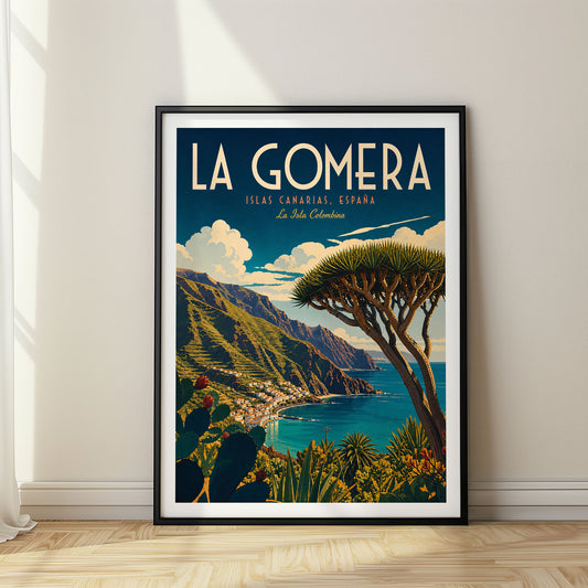 La Gomera retro travel poster in a black frame