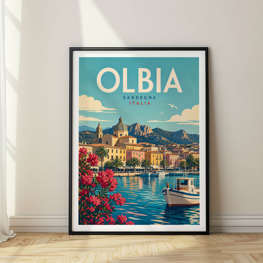 Olbia retro travel poster in a black frame