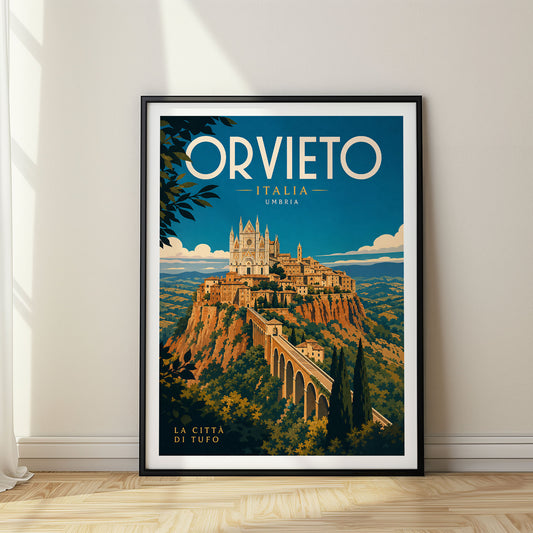 Orvieto retro travel poster in a black frame