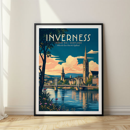 Inverness retro travel poster in a black frame
