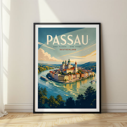 Passau retro travel poster in a black frame