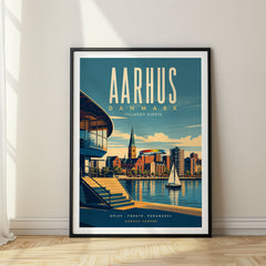 Aarhus Retro Travel Poster – Waterfront Skyline