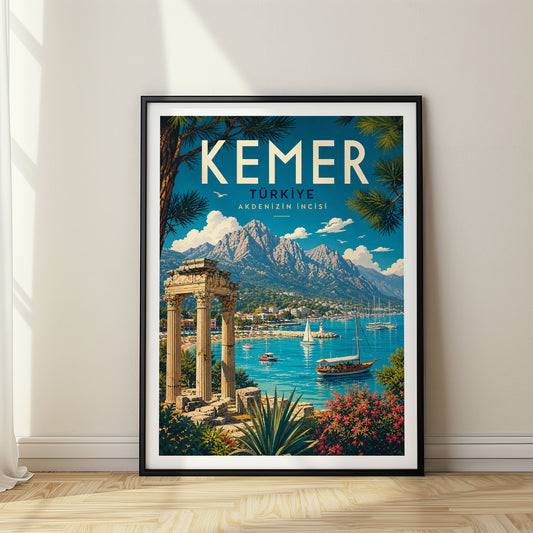 Kemer retro travel poster in a black frame