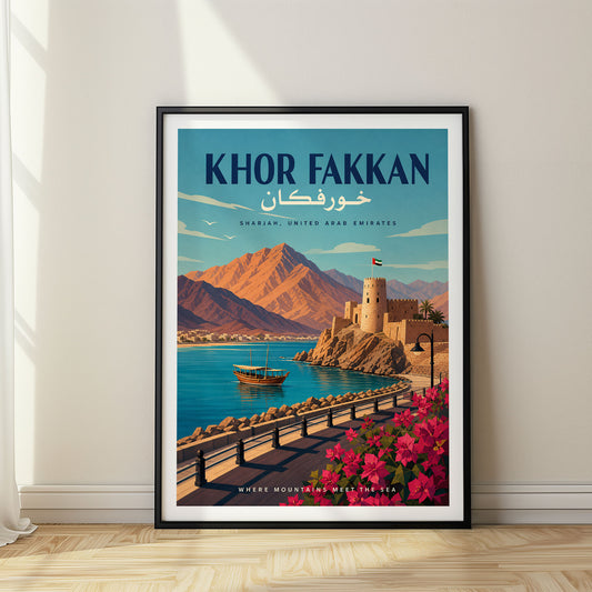 Khor Fakkan retro travel poster in a black frame