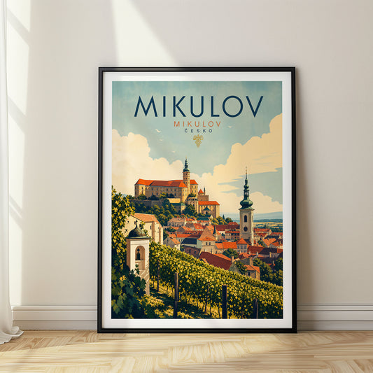 Mikulov retro travel poster in a black frame