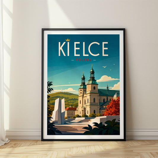 Kielce retro travel poster in a black frame