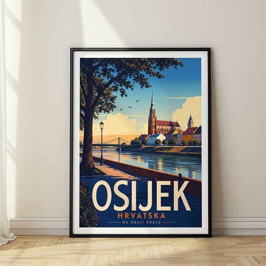 Osijek retro travel poster in a black frame