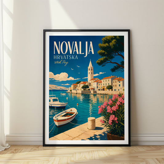Novalja retro travel poster in a black frame