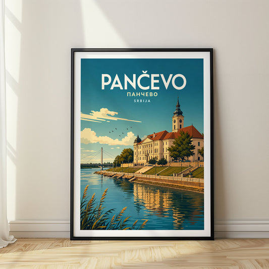 Pančevo retro travel poster in a black frame
