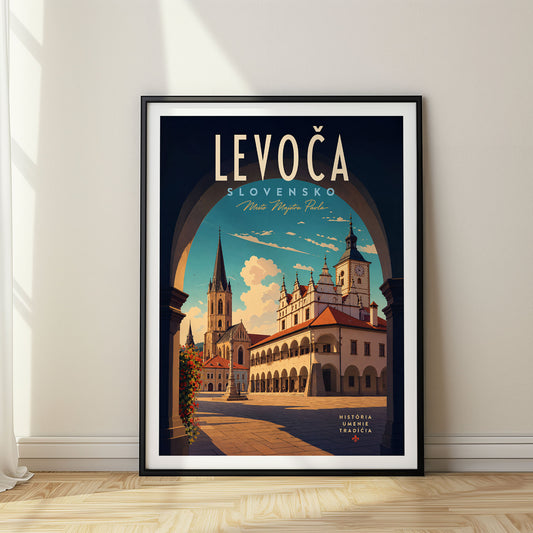 Levoča retro travel poster in a black frame