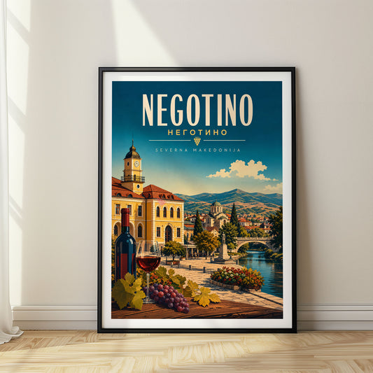 Negotino retro travel poster in a black frame