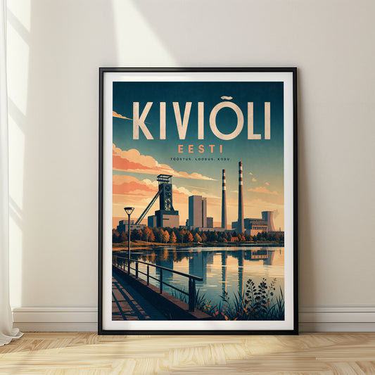 Kiviõli retro travel poster in a black frame