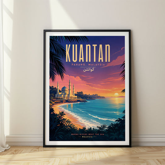 Kuantan retro travel poster in a black frame