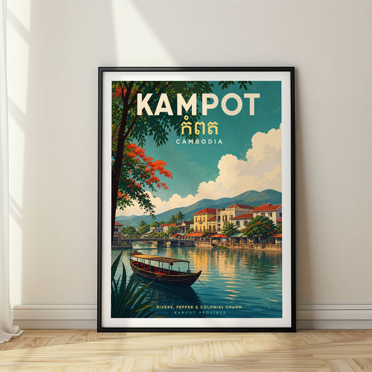 Kampot retro travel poster in a black frame