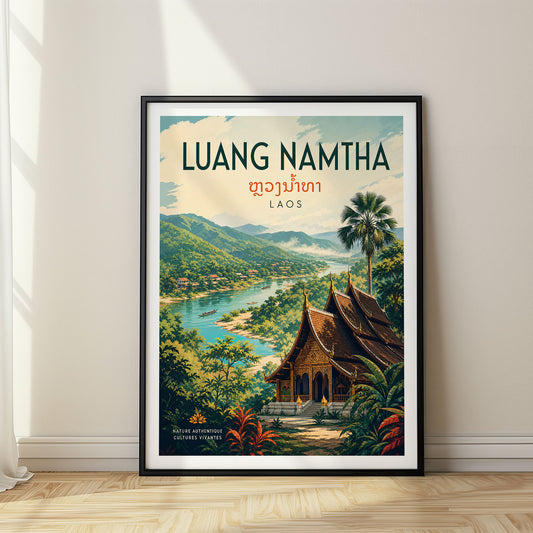 Luang Namtha retro travel poster in a black frame