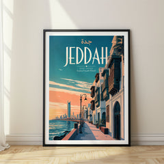 Jeddah Retro Travel Poster – Corniche at Sunset