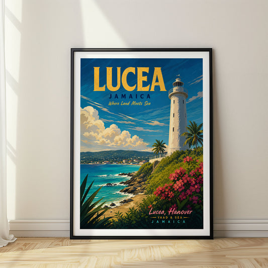 Lucea retro travel poster in a black frame