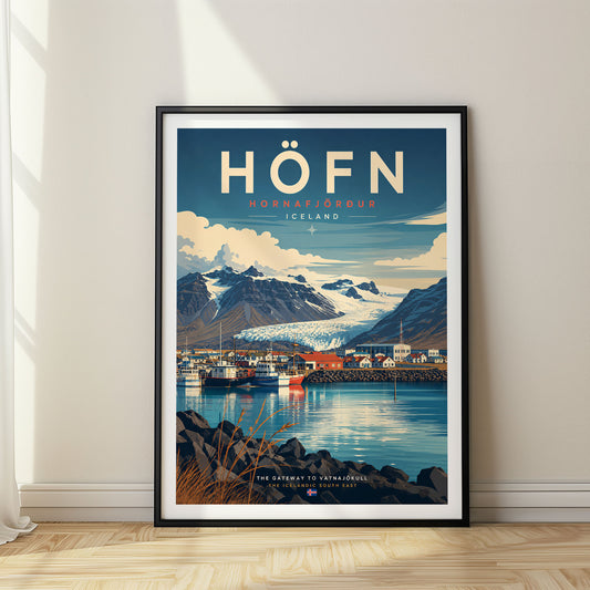 Höfn retro travel poster in a black frame