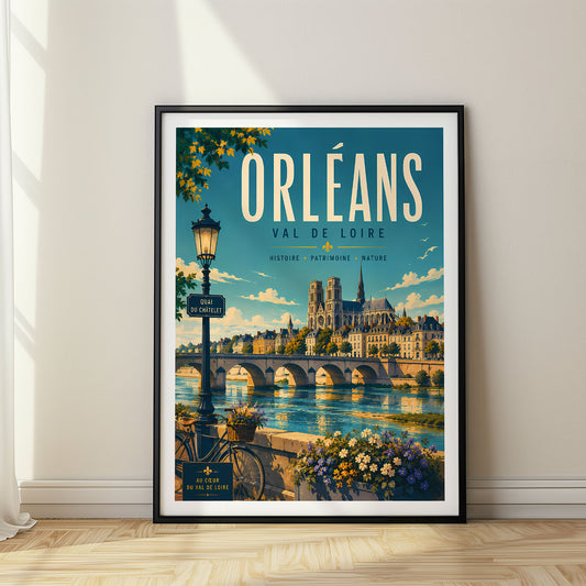 Orléans retro travel poster in a black frame