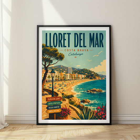 LLoret Del Mar Beach Signpost View retro travel poster in a black frame
