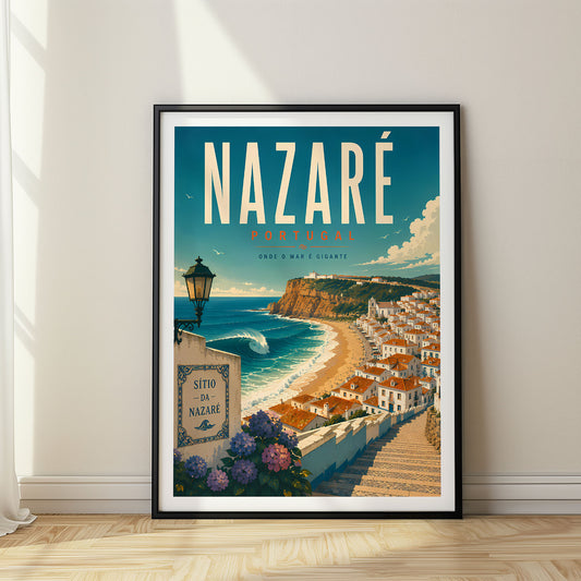 Nazaré retro travel poster in a black frame
