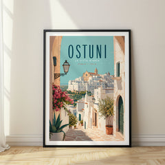 Ostuni Retro Travel Poster – Whitewashed Alley View