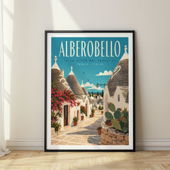 Alberobello Retro Travel Poster – Trulli Lane with Cacti