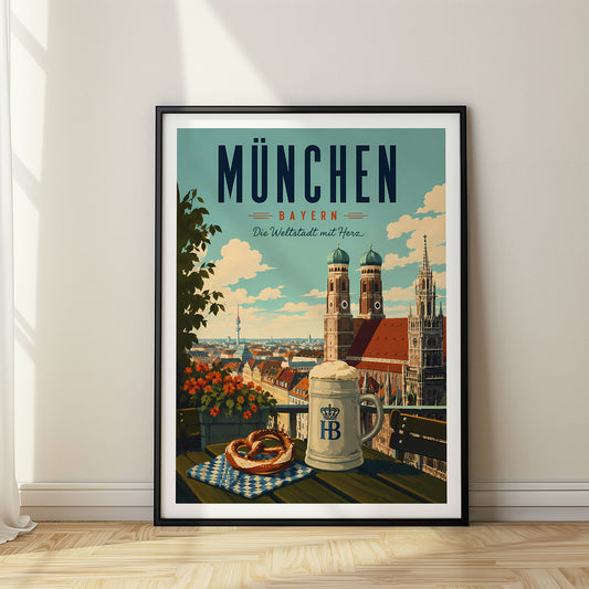 München retro travel poster in a black frame
