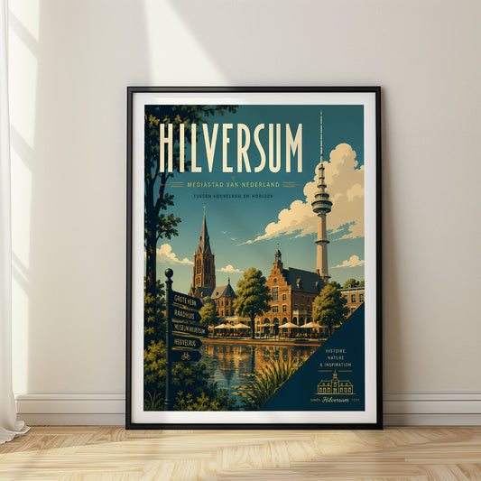 Hilversum retro travel poster in a black frame