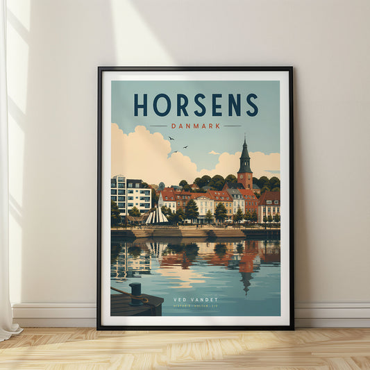 Horsens retro travel poster in a black frame