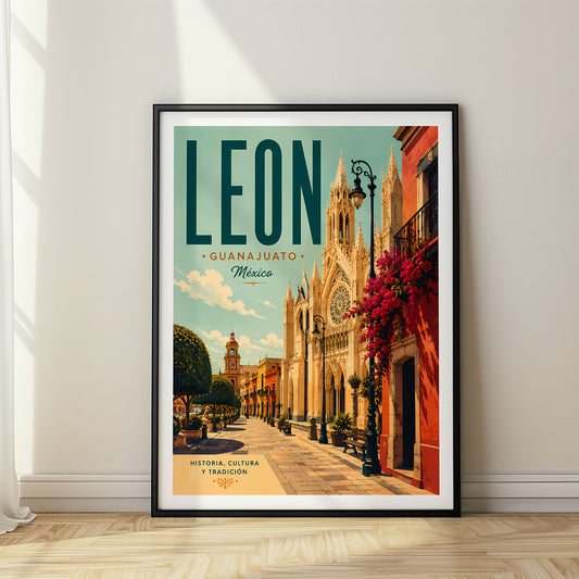 Leon retro travel poster in a black frame