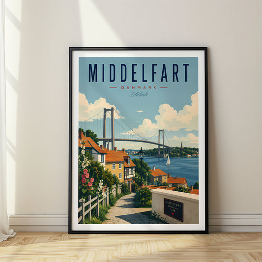 Middelfart retro travel poster in a black frame
