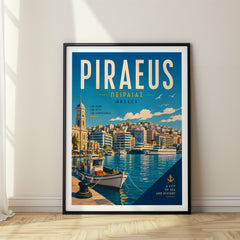 Piraeus Retro Travel Poster – Clock Tower Harbour