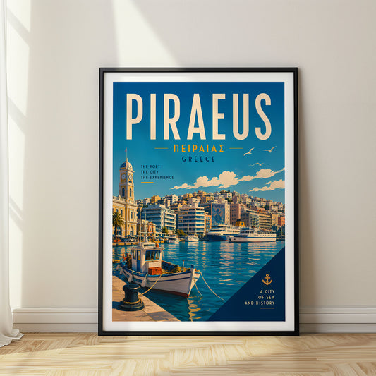 Piraeus Clock Tower Harbour retro travel poster in a black frame