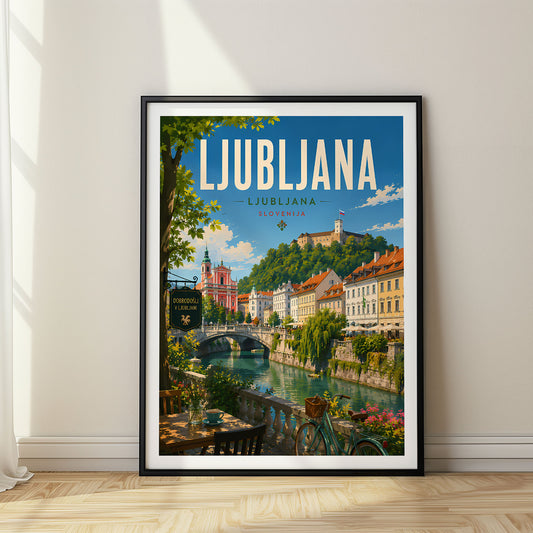 Ljubljana retro travel poster in a black frame