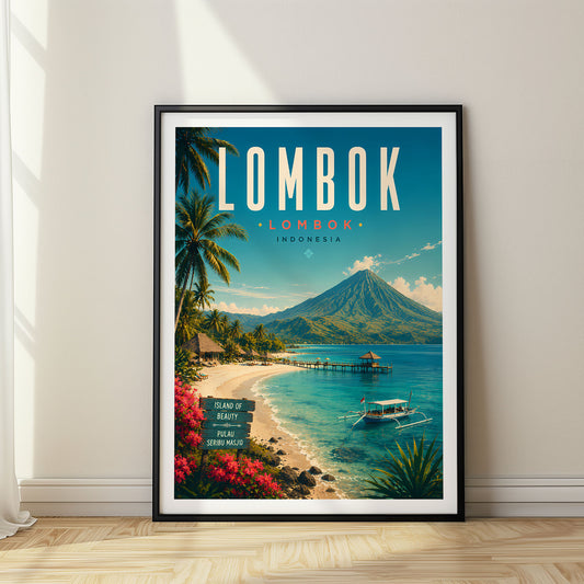 Lombok retro travel poster in a black frame