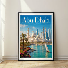 Abu Dhabi Editorial Travel Poster – Grand Mosque with Dhow