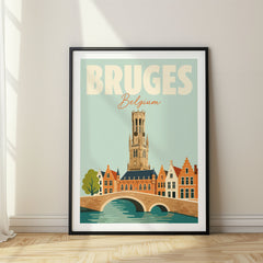 Bruges Pastel Pop Art Travel Poster – Belfry Over Canal Bridge