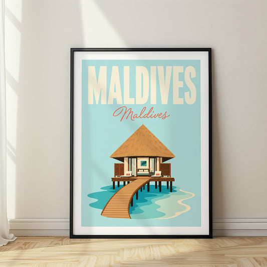 Maldives pastel pop art travel poster in a black frame