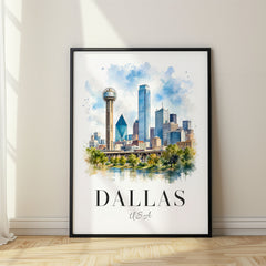 Dallas Watercolor Travel Poster – Reunion Tower Skyline