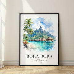 Bora Bora Watercolor Travel Poster – Palm-Fringed Lagoon