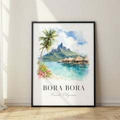 Bora Bora Watercolor Travel Poster – Overwater Bungalows