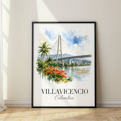 Villavicencio Watercolor Travel Poster – Cable-Stayed Bridge