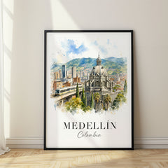 Medellín Watercolor Travel Poster – Metro and Valley Skyline