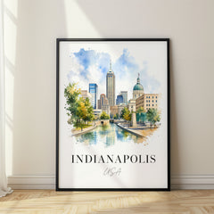 Indianapolis Watercolor Travel Poster – Canal Walk Skyline