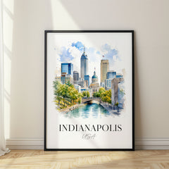 Indianapolis Watercolor Travel Poster – Canal Bridge Downtown