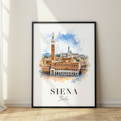 Siena Watercolor Travel Poster – Palazzo Pubblico Skyline